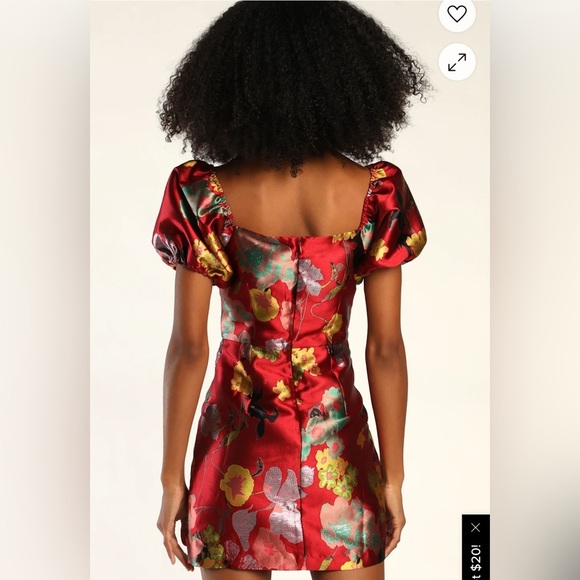 Lulus so stunning mini jacquard floral puff sleeve holiday party wedding dress - Picture 4 of 11